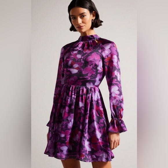 Ted Baker Dresses & Skirts - TED BAKER Sammieh Purple Floral Print high-neck fit and flare woven mini dress